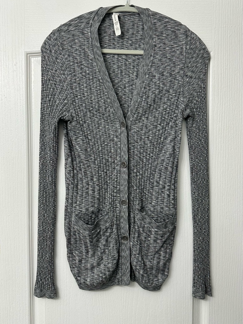 Athleta Heather Gray Ribbed Button-Front Cardigan